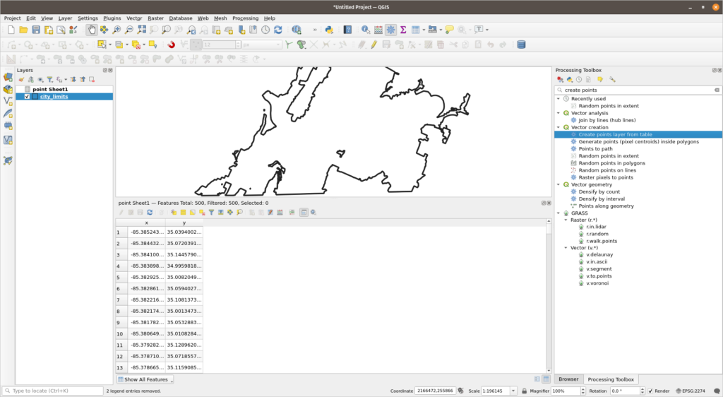 QGIs with an excel spreadsheet added. 